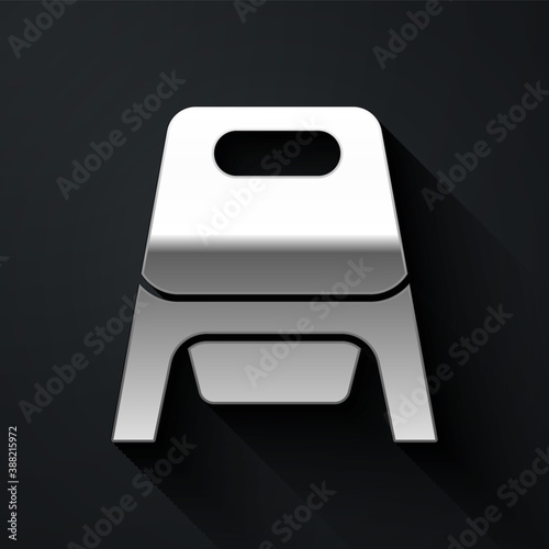Silver Baby potty icon isolated on black background. Chamber pot. Long shadow style. Vector.