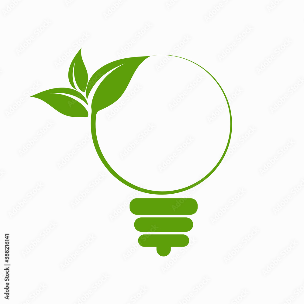 Green Bulb with leaf inside on white background.