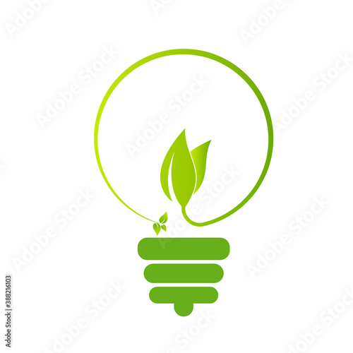 Green Bulb with leaf inside on white background.