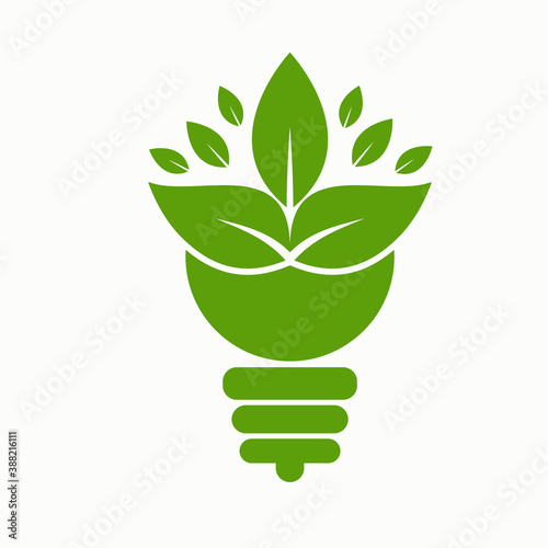 Green Bulb with leaf inside on white background.