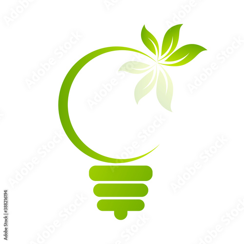 Green Bulb with leaf inside on white background.