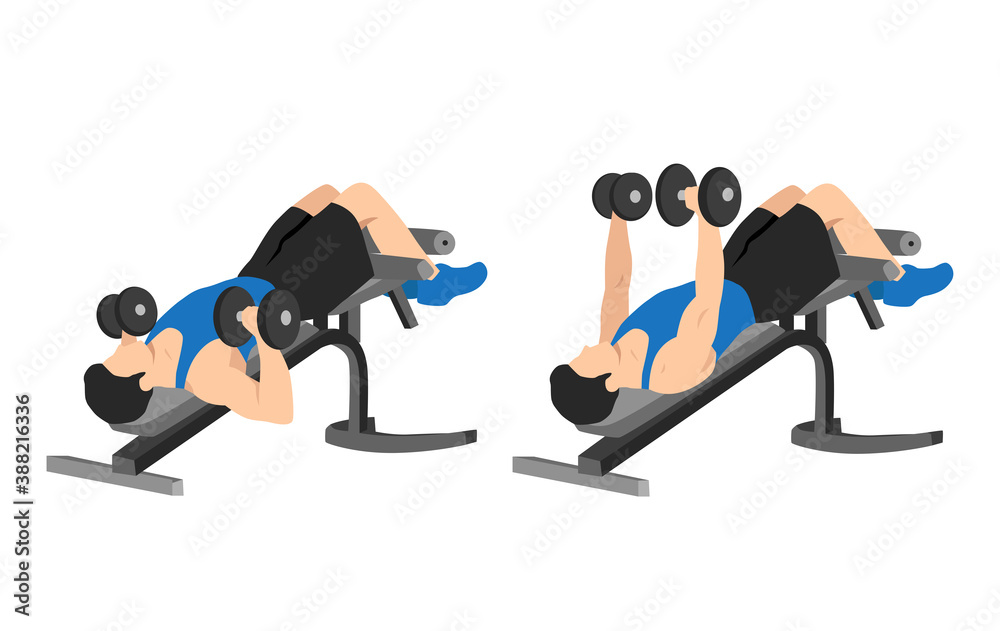 Man doing decline bench barbell press flat vector illustration isolated on different layers Man doing decline bench barbell press flat vector illustration isolated on different layers