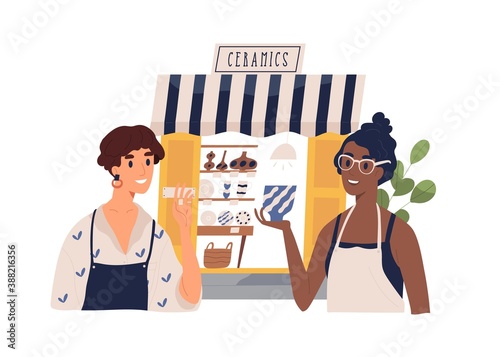 Cute ceramics shop owners talking to each other. Happy seller and customer. Woman sell handcrafted ceramic and pottery. Small modern business. Flat vector cartoon illustration on white background