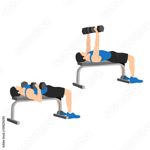 Man doing dumbbell flat bench press. Chest exercise flat vector illustration