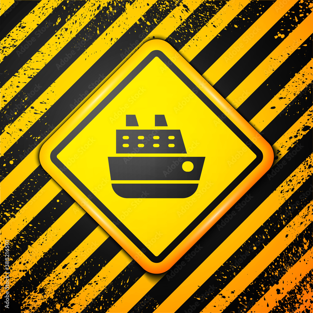 Black Cruise ship icon isolated on yellow background. Travel tourism nautical transport. Voyage passenger ship, cruise liner. Worldwide cruise. Warning sign. Vector.