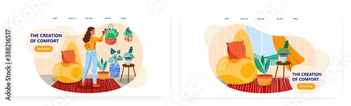 Woman making comfort in her house. Cozy home vector concept illustration. Beanbag puff chair, cozy room interior with house plants, relax lifestyle. Web site design template