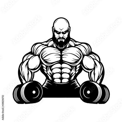 strong muscular bearded bodybuilder with heavy dumbbells, vector, logo, cartoon, mascot, character