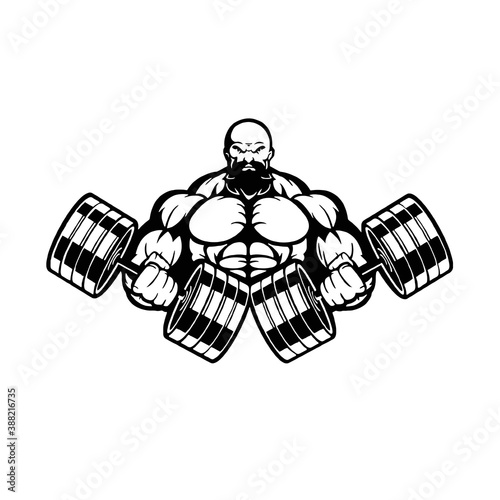 muscular bearded bodybuilder with dumbbells, vector, logo, cartoon, mascot, character, monochrome
