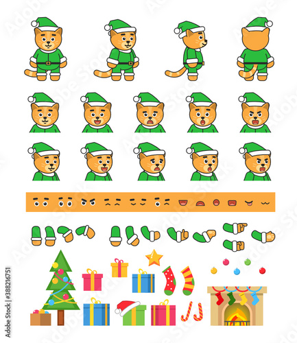 Cat in green Christmas outift creation set  various Christmas design elements. Vector illustration bundle