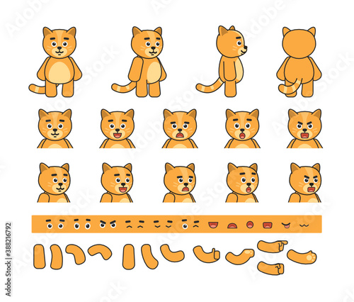 Cute yellow chibi cat creation kit. Create your own action, animation. Vector illustration bundle