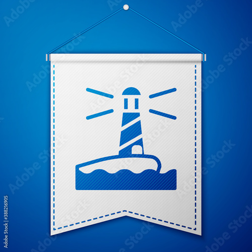 Blue Lighthouse icon isolated on blue background. White pennant template. Vector.