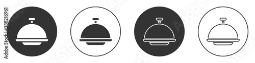 Black Covered with a tray of food icon isolated on white background. Tray and lid sign. Restaurant cloche with lid. Circle button. Vector.