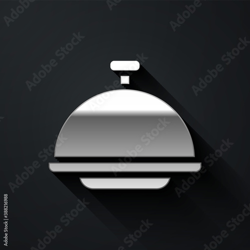 Silver Covered with a tray of food icon isolated on black background. Tray and lid sign. Restaurant cloche with lid. Long shadow style. Vector.