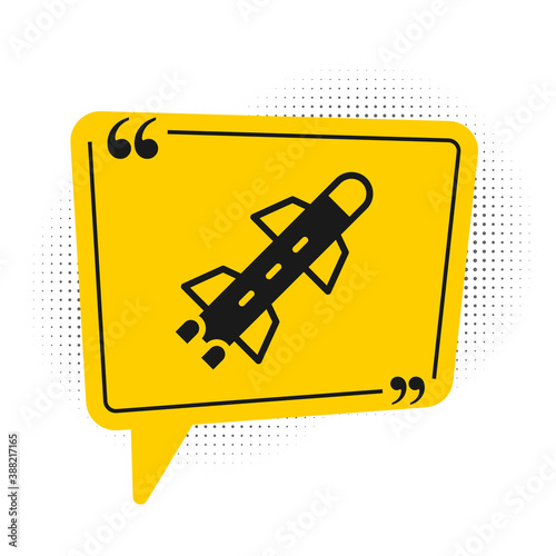 Black Rocket icon isolated on white background. Yellow speech bubble symbol. Vector.