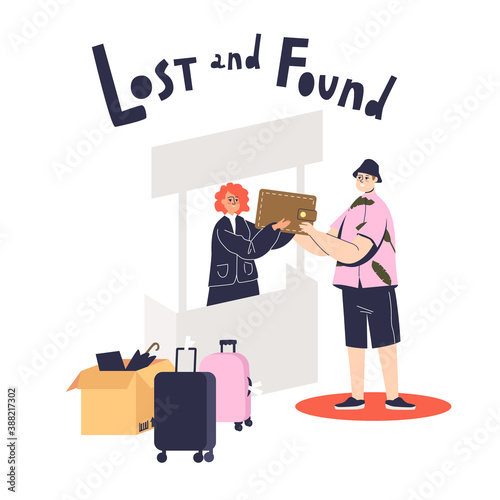 Man returning lost wallet to lost and found service worker. People helping with finding stuff