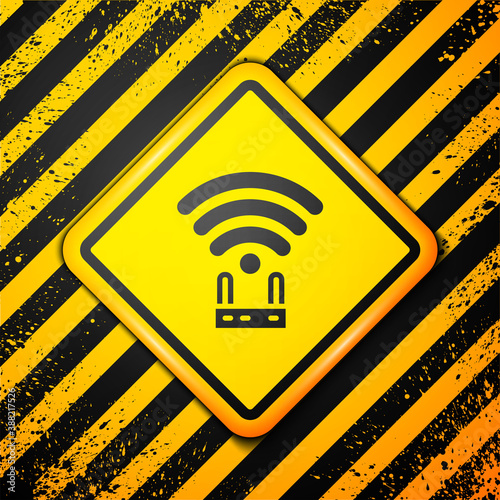 Black Router and wi-fi signal icon isolated on yellow background. Wireless ethernet modem router. Computer technology internet. Warning sign. Vector.