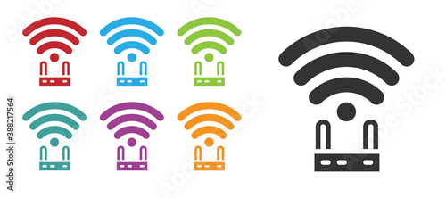 Black Router and wi-fi signal icon isolated on white background. Wireless ethernet modem router. Computer technology internet. Set icons colorful. Vector.