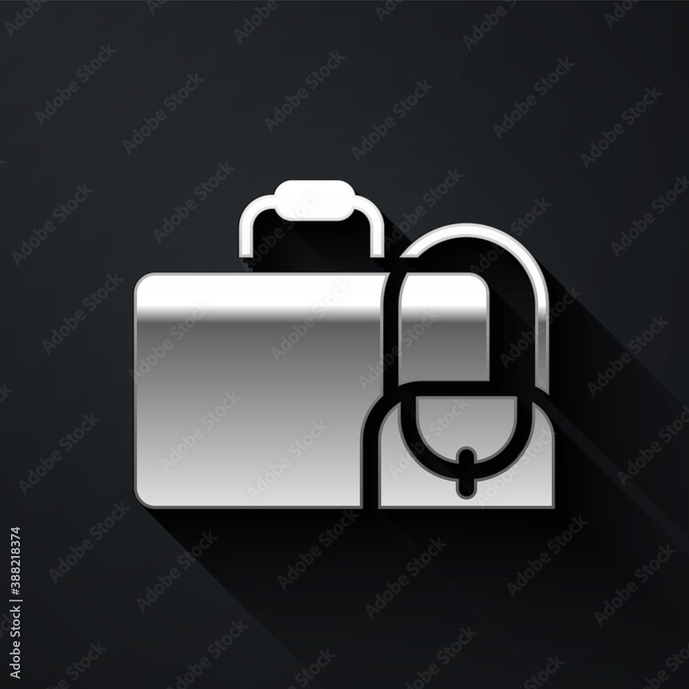 Silver Suitcase for travel icon isolated on black background. Traveling baggage sign. Travel luggage icon. Long shadow style. Vector. Silver Suitcase for travel icon isolated on black background. Traveling baggage sign. Travel luggage icon. Long shadow style. Vector.