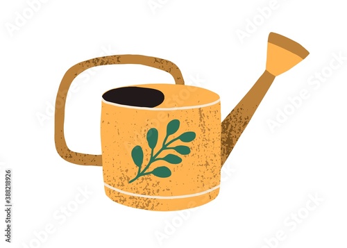 Yellow vintage watering can isolated on white background. Simple horticulture tool decorated with green leaf. Hand drawn flat cartoon colorful textured vector illustration