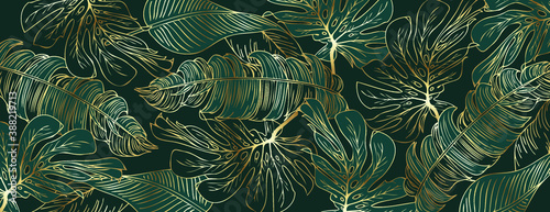 Luxury gold and nature green background vector. Floral pattern, Golden split-leaf Monstera plant with palm leaves, Vector illustration.