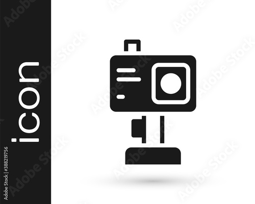 Black Action extreme camera icon isolated on white background. Video camera equipment for filming extreme sports. Vector.