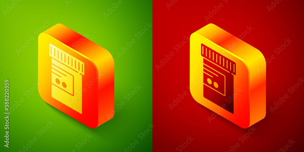 Isometric Medicine bottle and pills icon isolated on green and red background. Bottle pill sign. Pharmacy design. Square button. Vector. Isometric Medicine bottle and pills icon isolated on green and red background. Bottle pill sign. Pharmacy design. Square button. Vector.