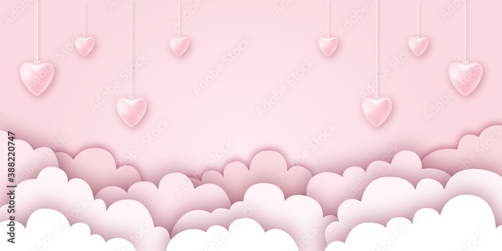 Hintergrund in Papierschnitt und 3D, Wolken und Herzen hängen von der Decke. Pink Banner, Freisteller. Valentinstag, Muttertag	
