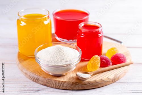 Gelatin, agar-agar, gelatinous mass on a cutting board. Gelling agent (collagen) for culinary, confectionery products.