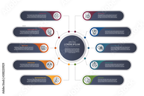 Infographic Medical template. Icons in different colors. Include Venerology, Anesthesiology, Oncology, Gynecology and others.