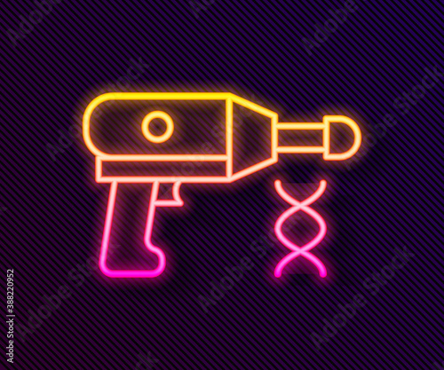 Glowing neon line Transfer liquid gun in biological laborator icon isolated on black background. Vector.