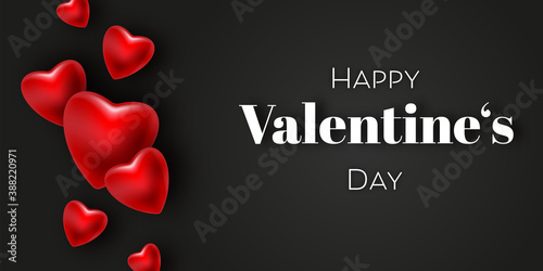 Happy Valentine's Day - Dunkler Hintergrund, Rote Herzen in 3D. Rotes Banner. Valentinstag