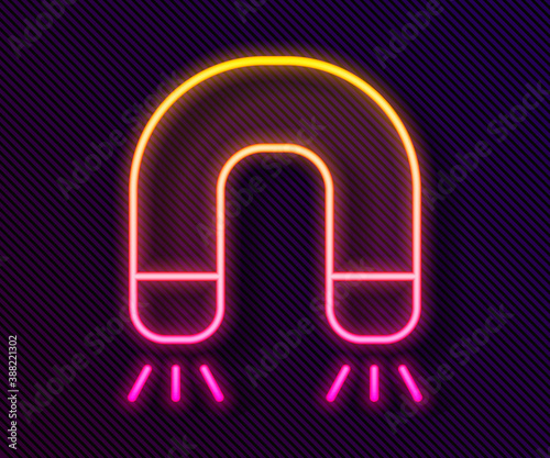 Glowing neon line Magnet icon isolated on black background. Horseshoe magnet, magnetism, magnetize, attraction. Vector.