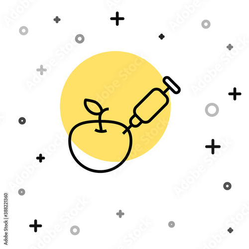 Black line Genetically modified apple icon isolated on white background. GMO fruit. Syringe being injected to apple. Random dynamic shapes. Vector.