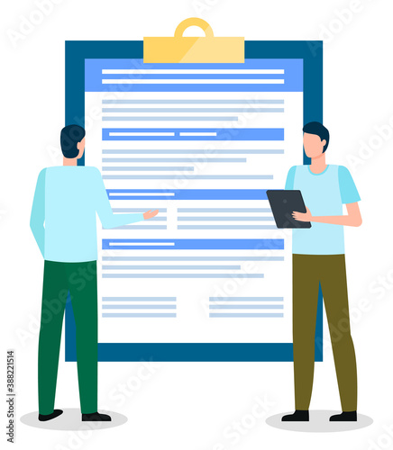 People stand near big clipboard with notes for recruitment. Manager look at man and talk to him, employment interview. Notepad to hold sheets in place, important documentation. Vector illustration