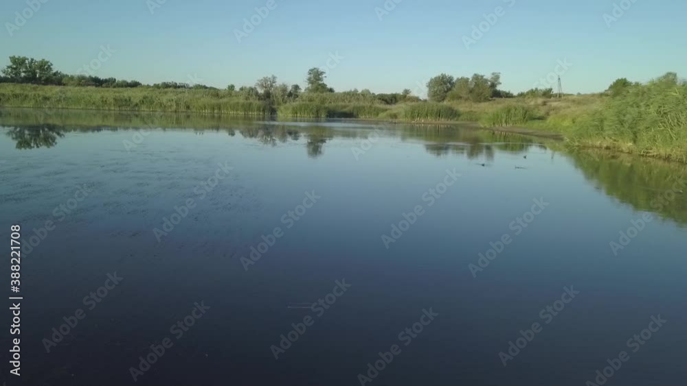 Landscape of a small lake or pond overgrown with reeds. Calm lake surface Landscape of a small lake or pond overgrown with reeds. Calm lake surface