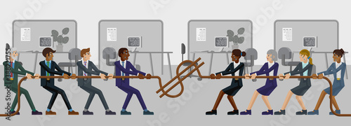 A tug of war rope pulling business people concept with teams of men and women fighting over money or wages. Concept for the struggle for equality or equal pay in the workplace.