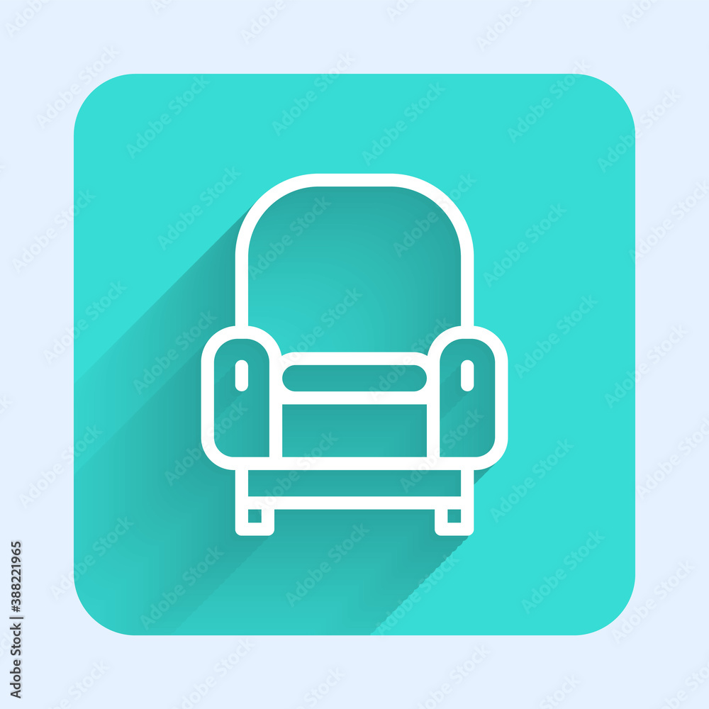 White line Armchair icon isolated with long shadow. Green square button. Vector. White line Armchair icon isolated with long shadow. Green square button. Vector.