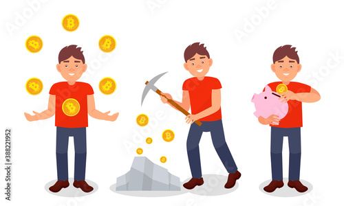 Young Man Mining Bitcoin as Virtual Money Vector Illustration Set