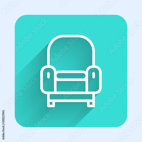 White line Armchair icon isolated with long shadow. Green square button. Vector.