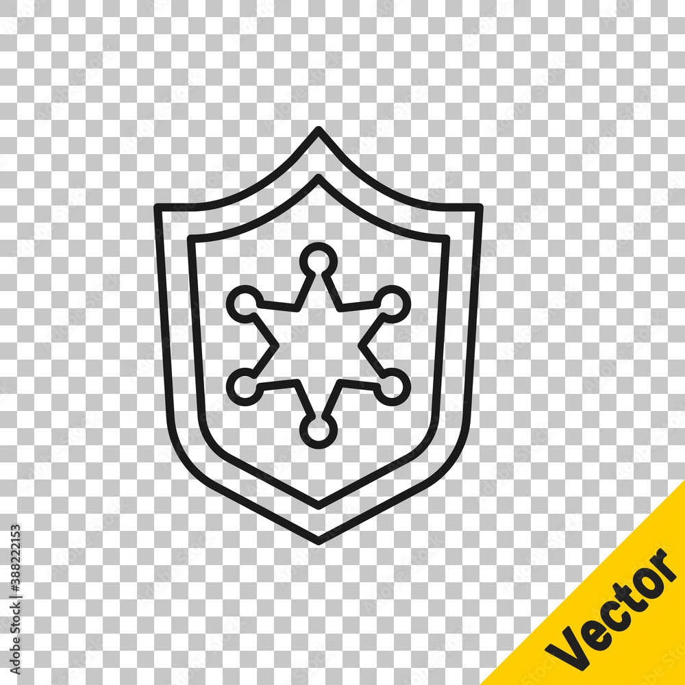 Black line Police badge icon isolated on transparent background. Sheriff badge sign. Vector. Black line Police badge icon isolated on transparent background. Sheriff badge sign. Vector.