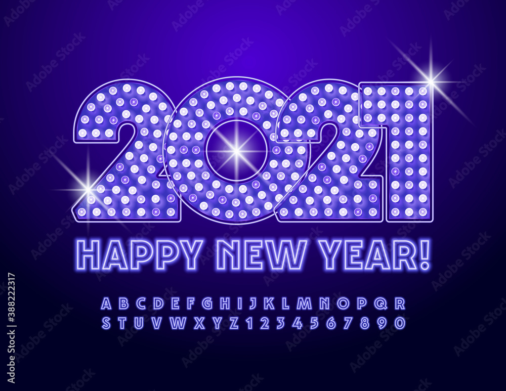 Vector shiny greeting card Happy New Year 2021! Purple glowing Font. Bright Neon Alphabet Letters and Numbers set