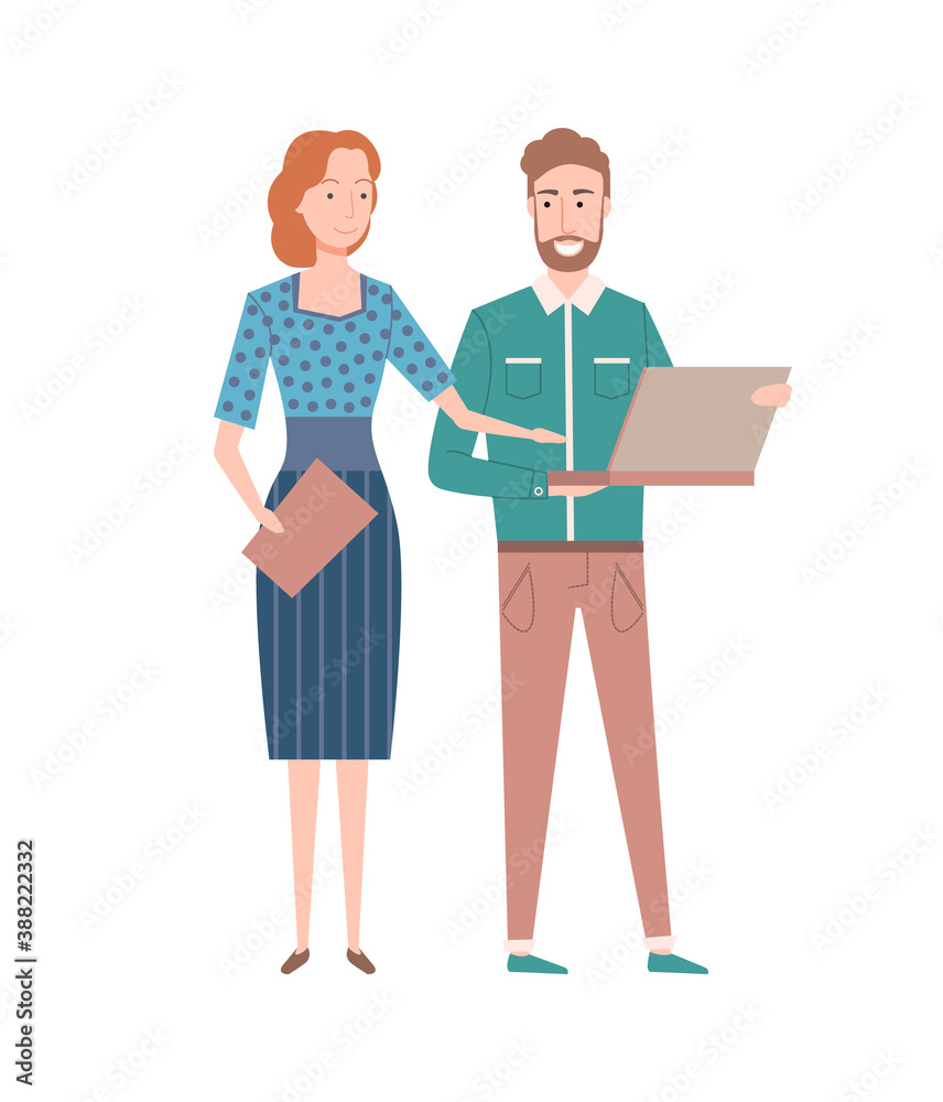 People working together vector, man and woman looking at laptop, lady complementing to digital info on computer, coworkers company colleagues flat style People working together vector, man and woman looking at laptop, lady complementing to digital info on computer, coworkers company colleagues flat style