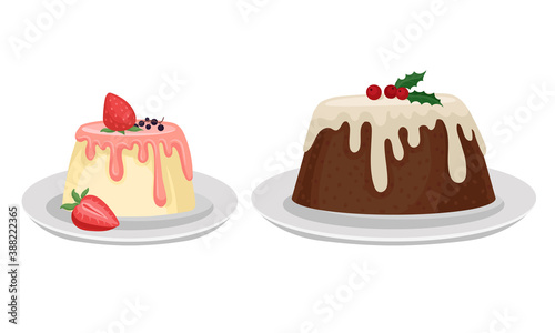 Tasty Pudding Topped with Berry and Creamy Sauce Vector Set