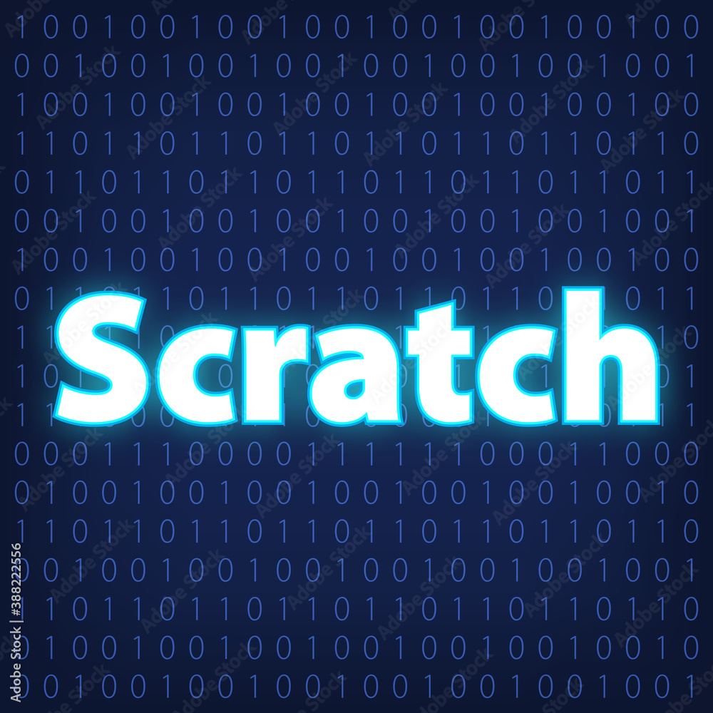 Machine code languages in neon style. Programming languages concept in blue.  Language Scratch on binary code background for your design. Vector illustration EPS10.