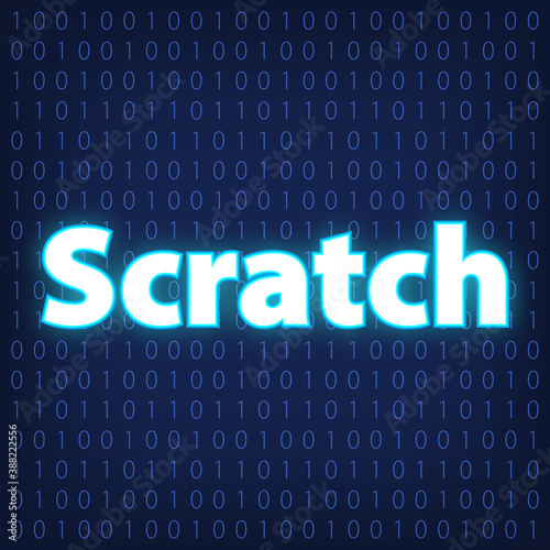 Machine code languages in neon style. Programming languages concept in blue.  Language Scratch on binary code background for your design. Vector illustration EPS10.