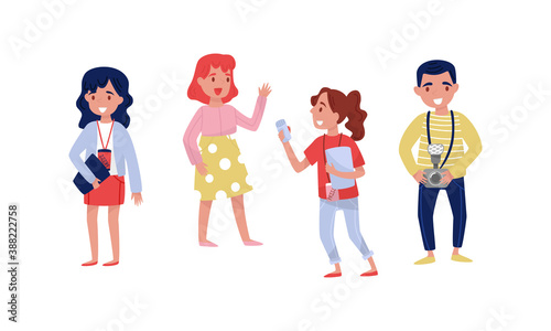 Professional Journalist or News Reporter Filming Reportage Vector Illustration Set