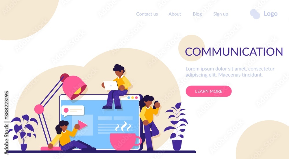 Communication via the Internet, social networking, chat, video, news, messages. Collaboration and communication, corporate and cooperative business concept. Modern flat illustration.