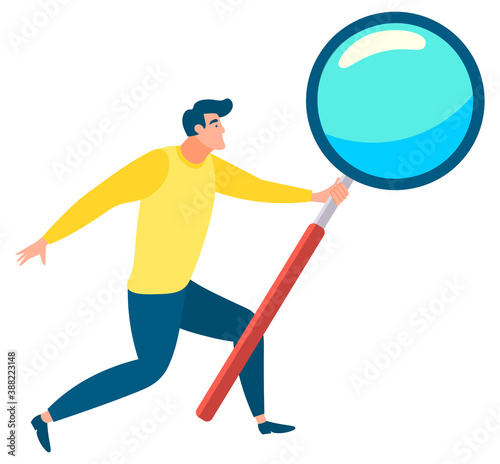 Man with magnifying glass in hands isolated on white. Researching process, looking for, investigating. Business ambitions concept vector illustration