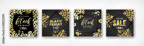 Black friday sale luxury banner templates set. Shiny golden social media post designs for flyer, poster, shopping, discount, web, promotion, advertisment, background. Vector illustration
