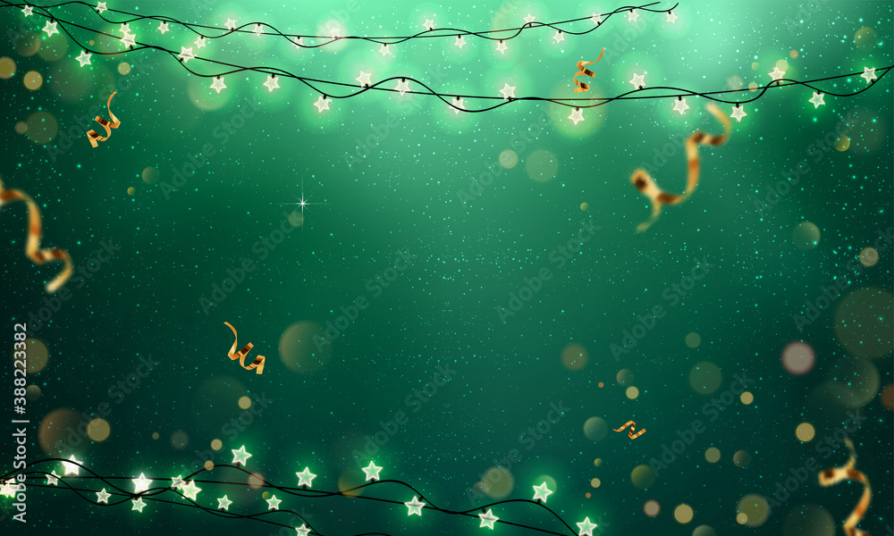 Green Christmas background with glowing garlands, light, stars, bokeh, gold decoration, sparkles. Merry Christmas and New Year card. Xmas holiday theme. Vector Illustration